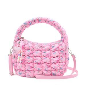 Quilted Scrunchies Floral Printed Mini Hobo Crossbody Bag: Pink Floral Print